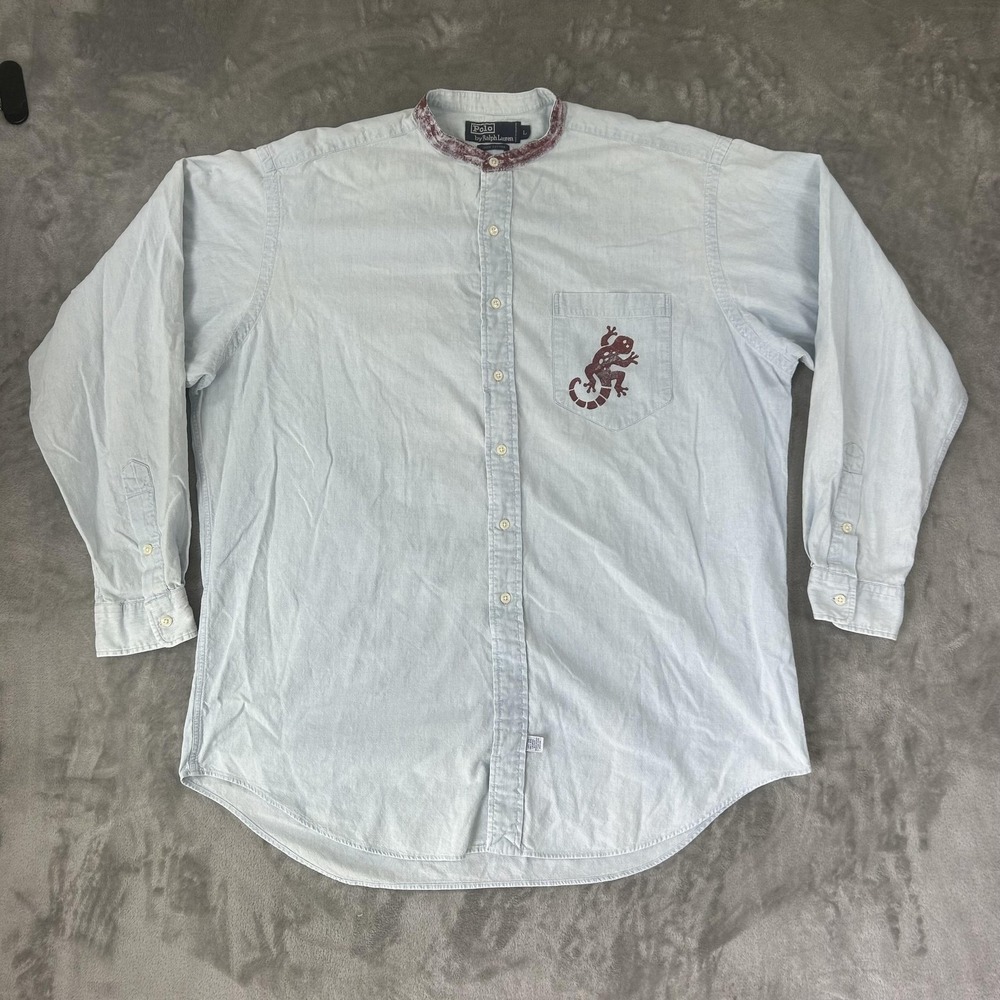 Polo Ralph Lauren Shirt Mens Large Blue Chambray Lizard Pocket Band Collar - Picture 5 of 16